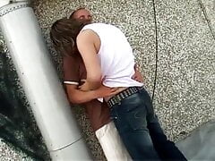 Hunk outside blows guys dong then fucks it hard