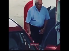 Old guy penis out at gas pump