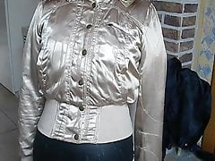 Guy ejeculating on second hand gold nylon jacket - Part 8