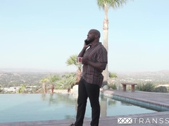 Skinny blonde tranny Lily Demure interracially anal fucked