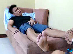 Asian twink cums on lovers soles after hard-core bare smashing