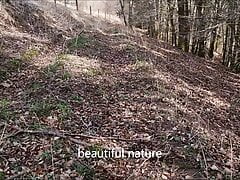 Outdoor Cumshot afer 1 week in black Condom - in the forest woods