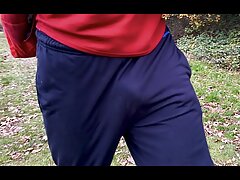 Slowmo of me with my dick flapping under my sweatpants during my morning walk in the woods