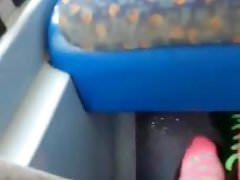 His stinky pink socks on the bus tease