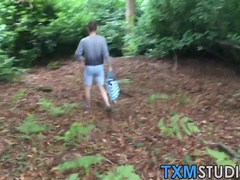 Amateur goes to the woods to ride a dildo while jerking off