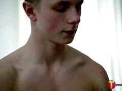 Innocent shy boy wanking his big uncut cock