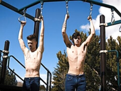 Leggy young studs indulge in savage bareback anal fucking