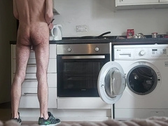 Nude spectacular fur covered dude making breakfast