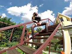 Kinky mommy piss on stairs and masturbates on backyard