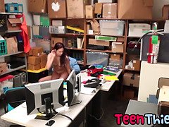 Teenage thief Naiomi Mae gives blowjob and gets pussy corrupted in storage room