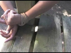 Hottie tied and cleavegagged outside