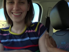 Auto, Sperma in mond, Flashing, Vriendin, Harig, Handbeurt, Gezichtspunt, Openbaar