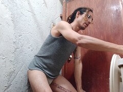 Handsome mature European hunk enjoys sexy bathroom play in lingerie