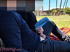 French teacher amateur handjob in public park to student with cumshot - MissCreamy