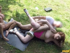 A lucky cab driver fucks two flirty bitches with big boobs.