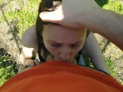 18 year old Italian amateur strips in the woods and then sucks a friend's big cock