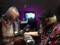 Sexy blonde Evilyn Ink gives Ivan some new ink before she gives him a private show - Masturbation