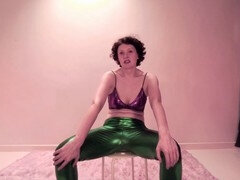 Naughty Jennifer Teel grinds on a faux cock in her PVC leggings