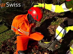 Two workers play in High-Viz gear