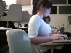 Brunette girl has awesome huge boobs on candid video