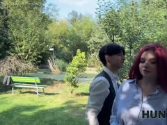Redhead slut cheats on boyfriend in public with stranger and shows off her natural big tits
