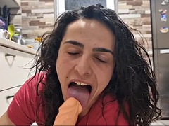 Sucking and fucking my big dildo