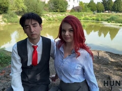 Hunt4k. red haired whore cheated on her bf in public and toyed with her Natural Tits