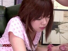 Teenage Miyu Aoi takes on three guys for some wild group sex action and cumshots
