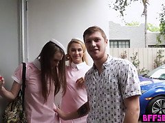 Ass, Beauty, Big tits, Blonde, Blowjob, Busty, Foursome, Uniform