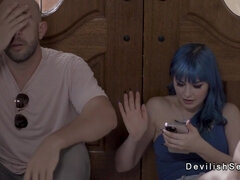 Busty hot babes sharing big cock in the living room