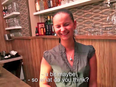 Barmaid is offered some cash to get naked and to suck