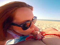 jism on my Nose & Sun Glasses! Risky Amateur Redhead Public Beach fast blowage