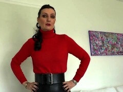 Bossy brunette MILF Lady Victoria Valente watches you pleasure yourself during lunch break in sexy leather