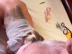 Apple Hazey, a tattooed blonde milf, gets her pussy pumped, fingered, and creampied!