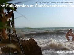 18, ビーチ, カワイイ, 公共, オマンコ, 剃毛, 三人, ヴァージン