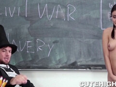 Watch Tiny Brunette get down and dirty with history teacher in hardcore roleplay