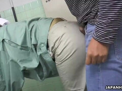 Slutty Asian cleaner blows a guy in the public toilet