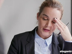 Naughty business woman swallows while getting her ass drilled hard in reverse cowgirl pose