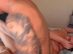 Slutty MILF and Stepdaughter Threesome with Huge Dick Guy in Shared Bed - Hardcore Fuck