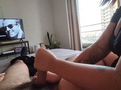 Enthousiasteling, Stel, Sperma shot, Vriendin, Handbeurt, Masturbatie, Tatoeage