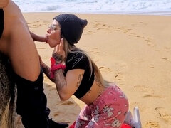 Plage, Sucer une bite, Éjaculation interne, Public