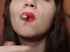 Natural Big Lips With Red Lipstick Smoking