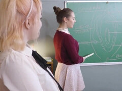 Teacher`s Pet - Brunette and blonde students make lesbian love in classroom