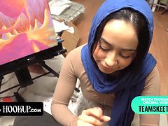 Stepbro nails tight pussy of sexy teen in hijab and cums in her mouth