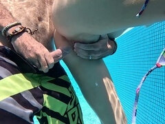 Kinky step-sister gets naughty in the swimming pool - Close-up of her hairy pussy getting creampied!