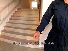 Law4k. tanned lady gives security officer dick sucking, titfucking, and her humid vagina