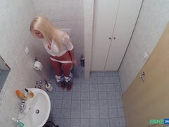 Leie, Bad, Blondine, Blasen, Vollbusig, Büro, Uniform, Spanner