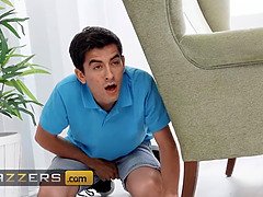 お尻, デカパイ, フェラチオ, 茶髪の, 女 人男 人, オマンコ, ストッキング, 三人