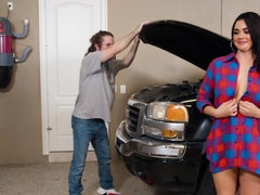 Dark haired brunette gets rammed so hard in the garage