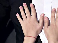 Chica, Polla, Pequeña, Coño, Afeitado, Medias largas, Chupando, Adolescente